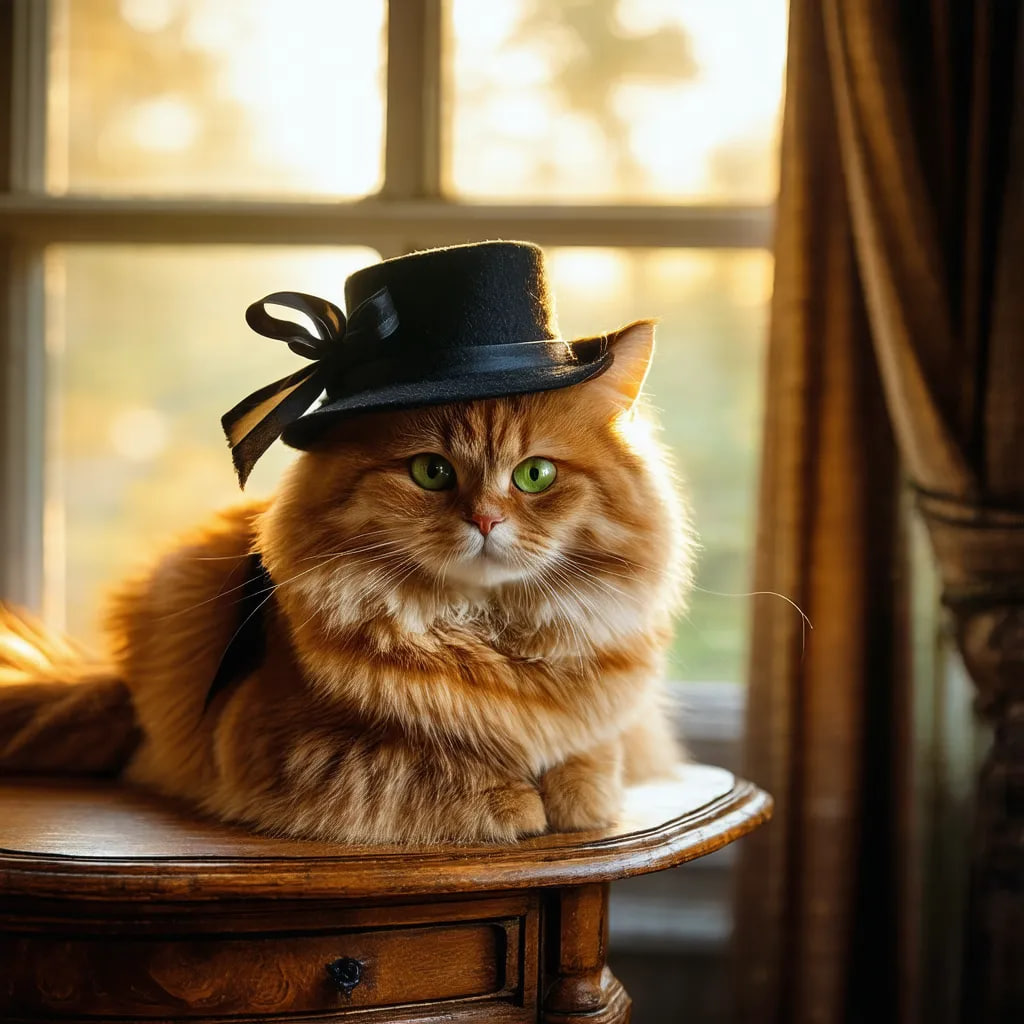 "Realistic portrait of a fluffy ginger cat with green eyes sitting on an antique wooden table by a window. The cat is wearing an elegant black felt hat with a ribbon. The soft golden light of the setting sun is all around, creating a warm atmosphere. The style is cinematic, with highly detailed wool, light shading and textures" (SDXL)