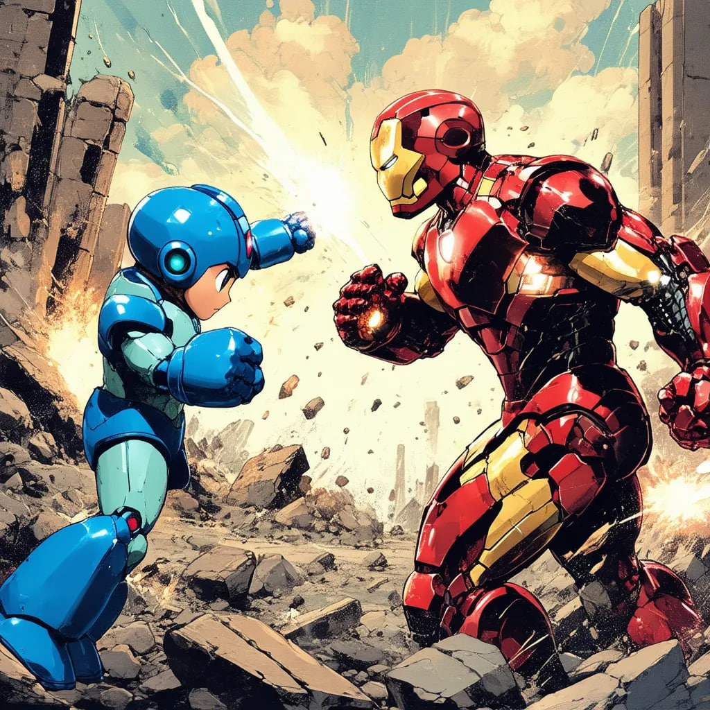 "A fight between Ironman and Megaman" (акцент на сам бой, меньше внимания к деталям персонажей)