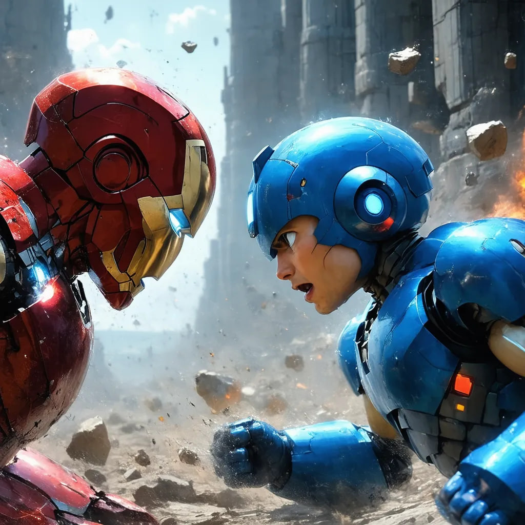 "Ironman and Megaman are fighting" (акцент на персонажах, они стали более выразительными)
