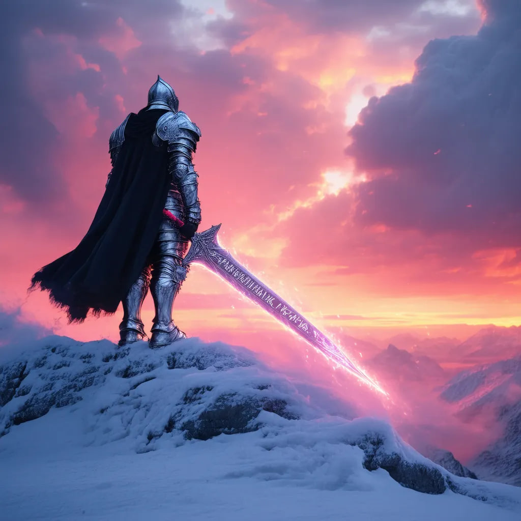 "A fantasy warrior in massive silver armor stands atop a snow-capped mountain, looking up at the scarlet sky of sunset. His long cloak billows in the wind, and he holds a gleaming sword with runes. Ice clouds swirl around, creating a mysterious atmosphere. The art style is cinematic, inspired by the works of Frazetta and Dark Souls"