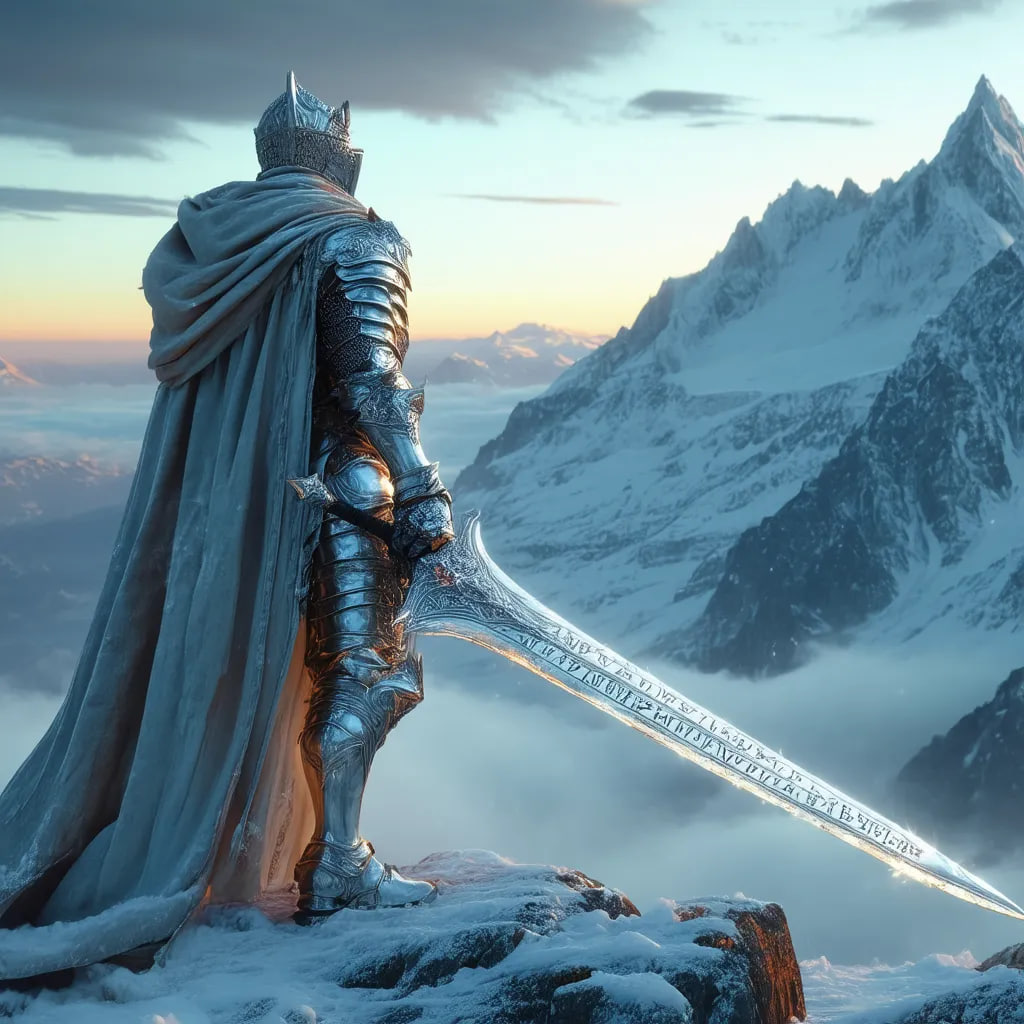 "A fantasy warrior in massive silver armor stands atop a snow-capped mountain, looking up at the scarlet sky of sunset. His long cloak billows in the wind, and he holds a gleaming sword with runes. Ice clouds swirl around him, creating a mysterious atmosphere. Hyper-realistic, ultra-detailed, 8K resolution, cinematic lighting, intricate armor textures, sharp focus, atmospheric depth, trending on Artstation, award-winning photography"
