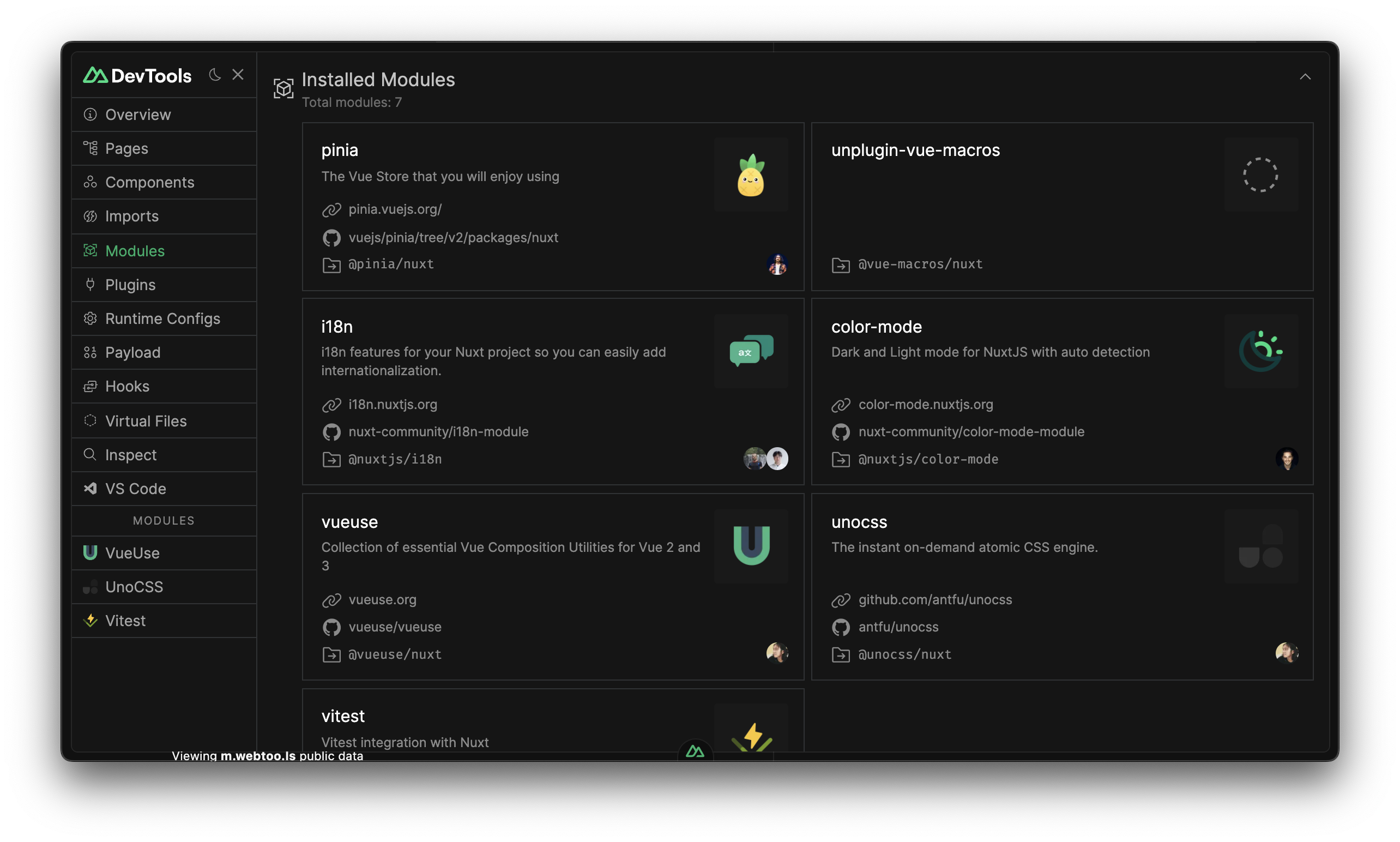 Prewiew image with NuxtDevTools settings for a modules