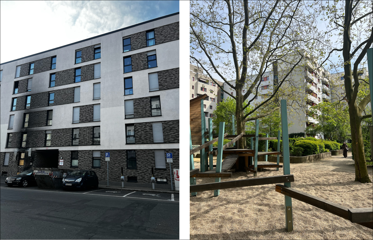 У меня дом 2016 года постройки. Это не лучшее фото фасада — я сделала снимок, чтобы показать последствия новогодних празднований в Берлине. Кто-то запустил фейерверк на первый этаж — квартира сгорела, фасад на несколько этажей закоптился. Но в целом дом чистый и уютный. Возле дома есть парковка, во дворе — сквер и детская площадка.