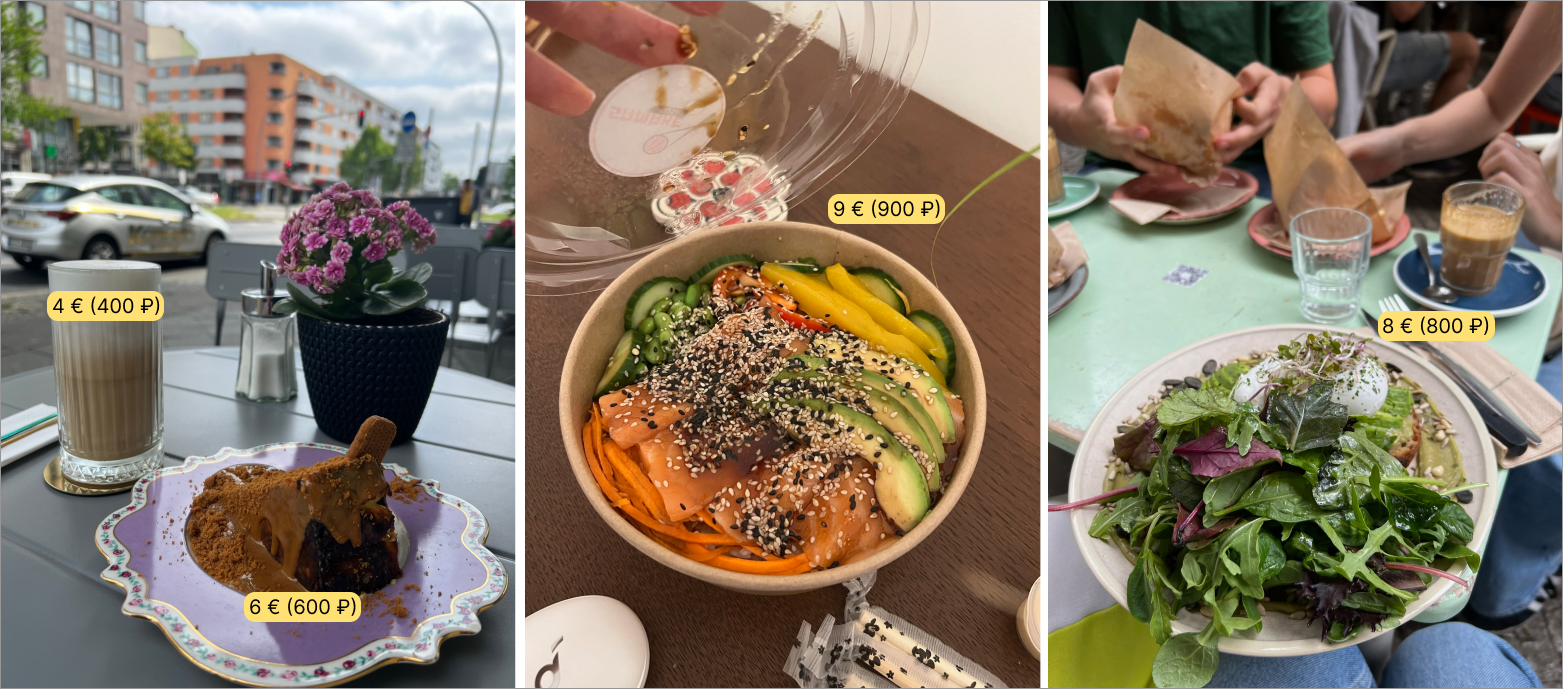 Завтрак: кофе с чизкейком 10 € (1 000 ₽), обед — боул 9 € (900 ₽), ужин — салат 12 € (1 200 ₽).