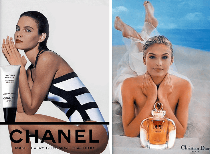 Реклама косметики и парфюма 90-х годов. Справа фотография русской модели Кристины Семеновской в рекламе Christian Dior  