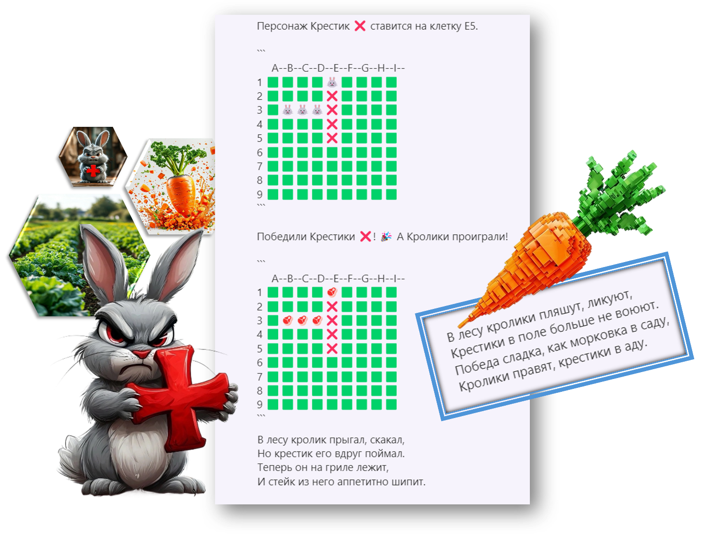 Для отрисовки игрового поля и фишек персонажей я просил CoPilot использовать эмодзи: 🟩, 🐰, ❌, 🥩. 