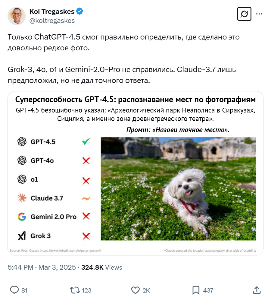 Благодаря гигантской базе знаний, ChatGPT-4.5 угадывает фото там, где другие модели пасуют