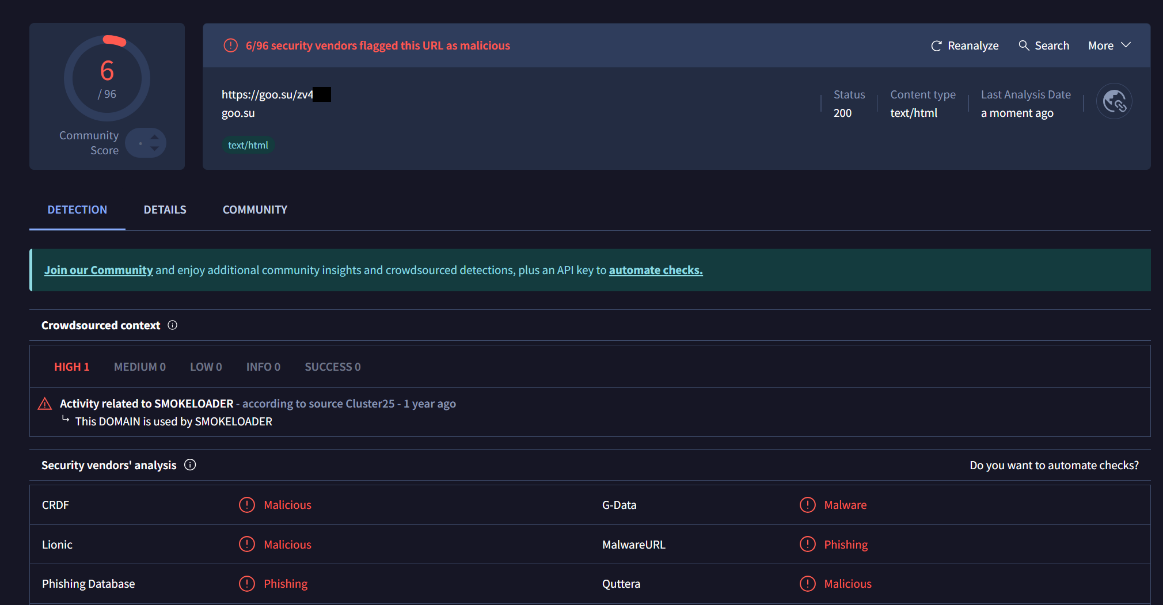 Окно ресурса «VirusTotal» с проанализированной ссылкой