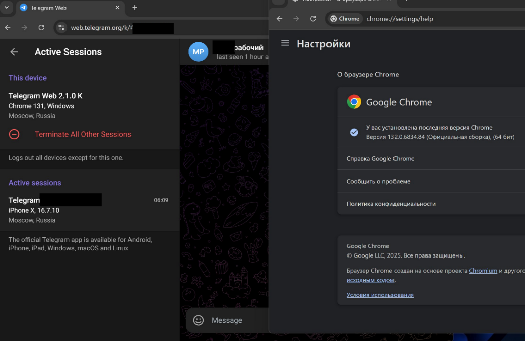 Сессия легитимного пользователя в веб версии Telegram в браузере Google Chrome версии 132.0.6834.84 на Windows