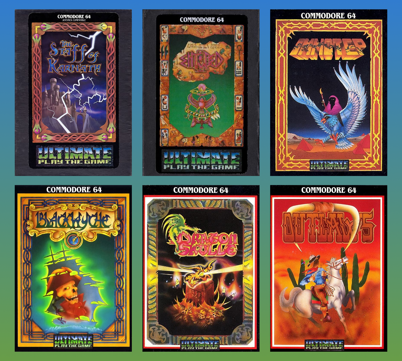 Обложки всех эксклюзивных игр для Commodore 64 в фирменном стиле Ultimate Play the Game. Источник