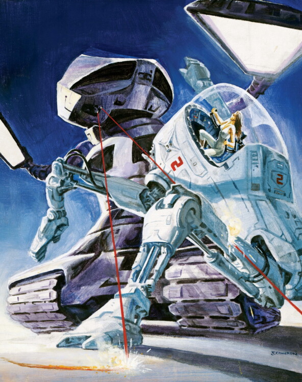 Концепт-арт битвы робота Стража и героини Лори в паукообразным экзоскелете  для «Ксеногенезиса»