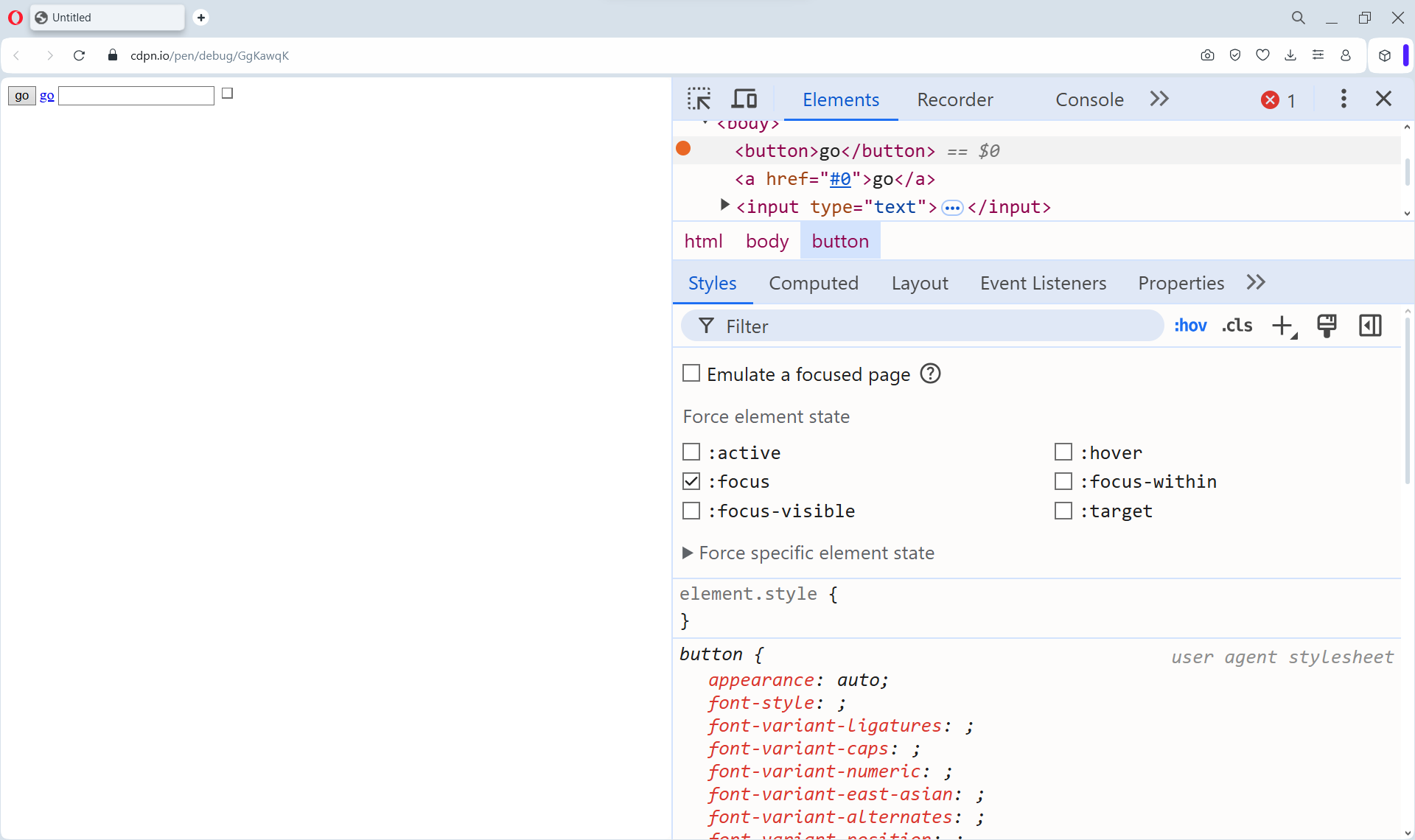 Четыре интерактивных элемента. У них нет обводки. Также отображается панель разработчика. В ней включено состояние фокус