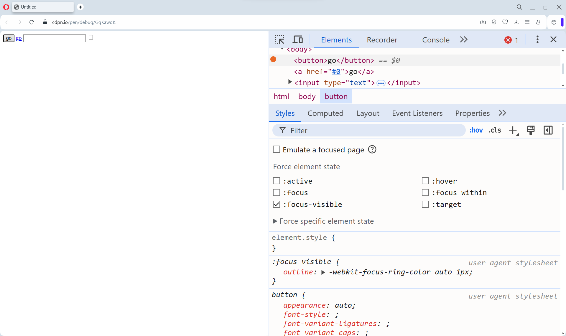 Четыре интерактивных элемента. У первого есть обводка. Также отображается панель разработчика. В ней включено состояние фокус визибл. В панели со стилями появилось правила, которое добавляет обводку
