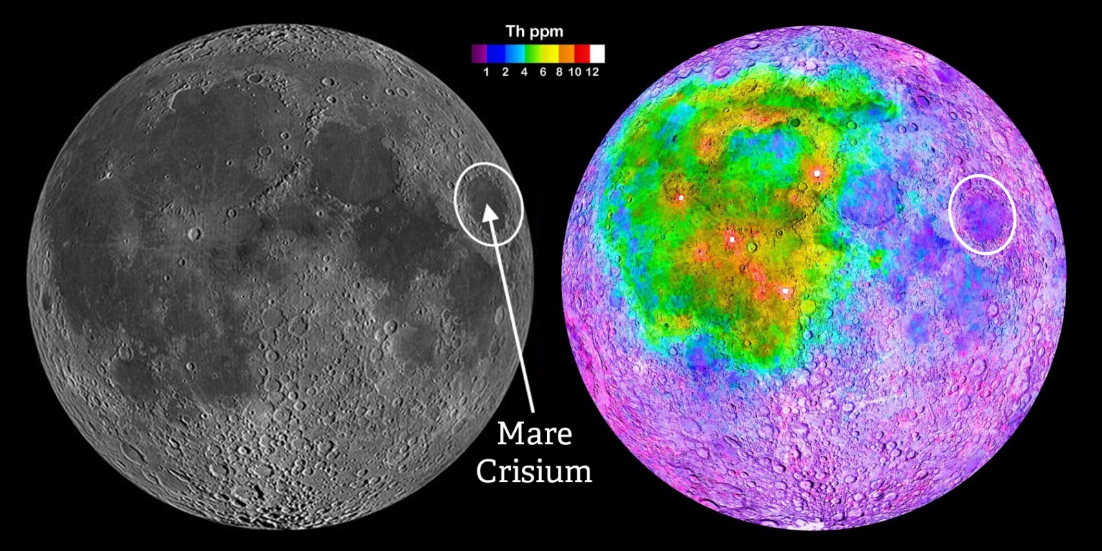  Из ударного бассейна Mare Crisium аппарат Lunar Magnetotelluric Sounder (LMS) проведет первые геофизические измерения, характерные для основной части Луны. Большинство миссий «Аполлон» совершали посадку в районе на западе (левое изображение), чья кора, как было обнаружено позже, отличалась по составу (правое изображение), что подтверждается концентрацией элемента тория. Mare Crisium обеспечивает ровную посадочную площадку на ближней стороне Луны за пределами этого аномального региона. Credit: NASA