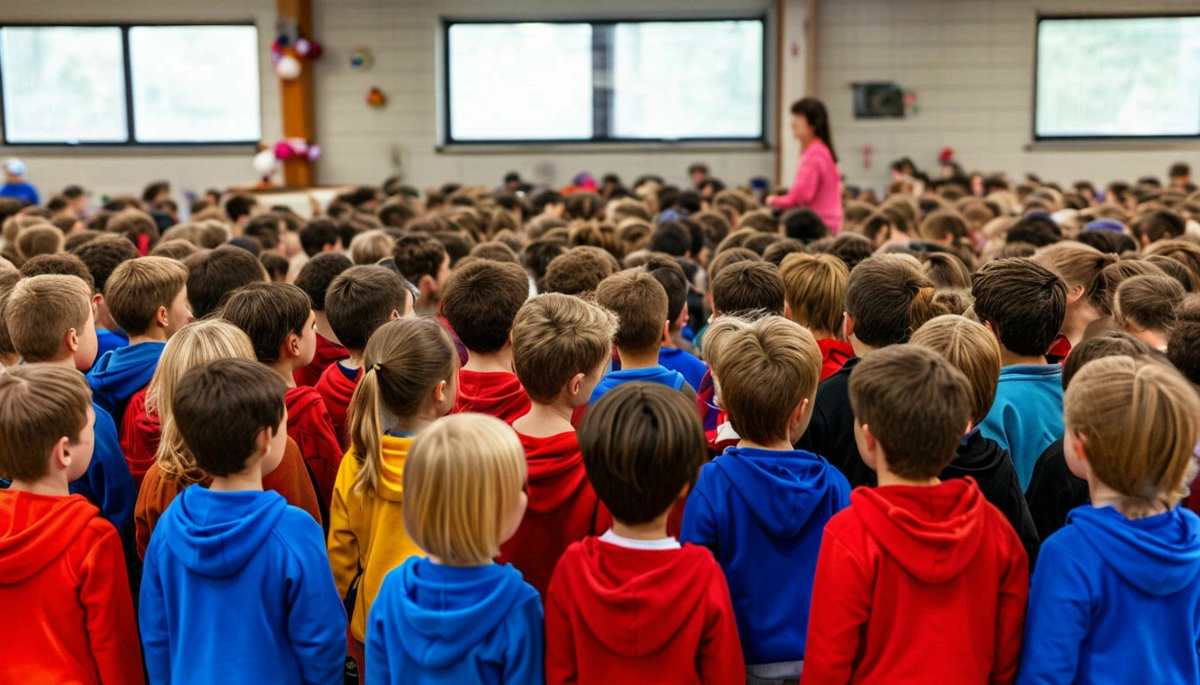 Нейросеть не справилась с задачей: дети стоят явно не по кругу, а одна девочка, похоже, заблудилась — 149 детей в жёлтых и зелёных куртках наверняка ждут её в соседнем помещении.