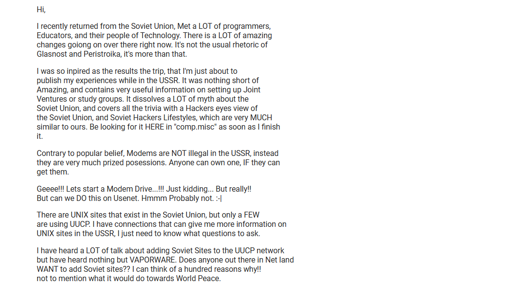 Пришествие Интернета в Россию. Часть 4: «послание генсека Черненко», хакер из Apple в Москве и Usenet в ожидании Russkes - 10