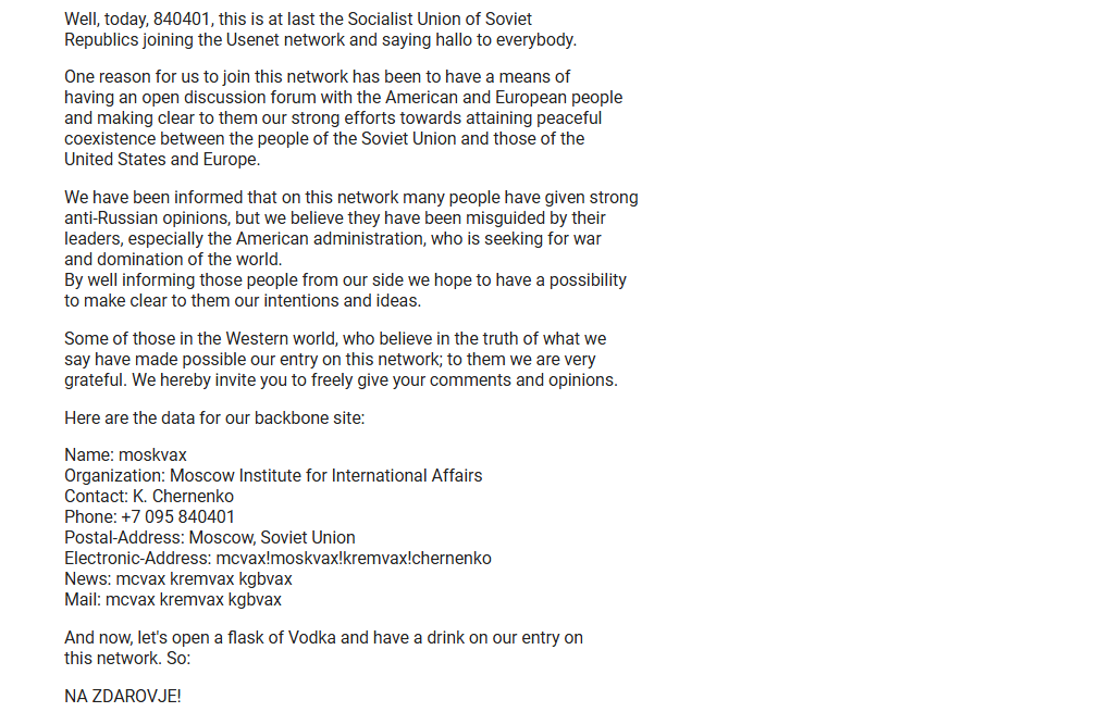 Пришествие Интернета в Россию. Часть 4: «послание генсека Черненко», хакер из Apple в Москве и Usenet в ожидании Russkes - 3