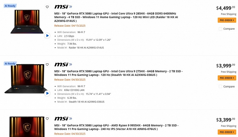 И тут новый GeForce влетит в копеечку. Ноутбуки с RTX 50 Laptop поступили в продажу — от 4300 долларов за модель с RTX 5090 Laptop - 2 И тут новый GeForce влетит в копеечку. Ноутбуки с RTX 50 Laptop поступили в продажу — от 4300 долларов за модель с RTX 5090 Laptop