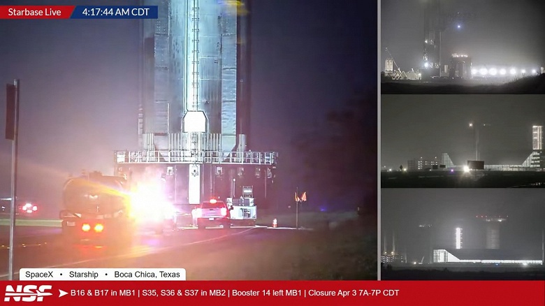 Starship собирается в путь. Гигантский ускоритель Super Heavy Booster 14 отвезли на стартовую площадку - 2 Starship собирается в путь. Гигантский ускоритель Super Heavy Booster 14 отвезли на стартовую площадку