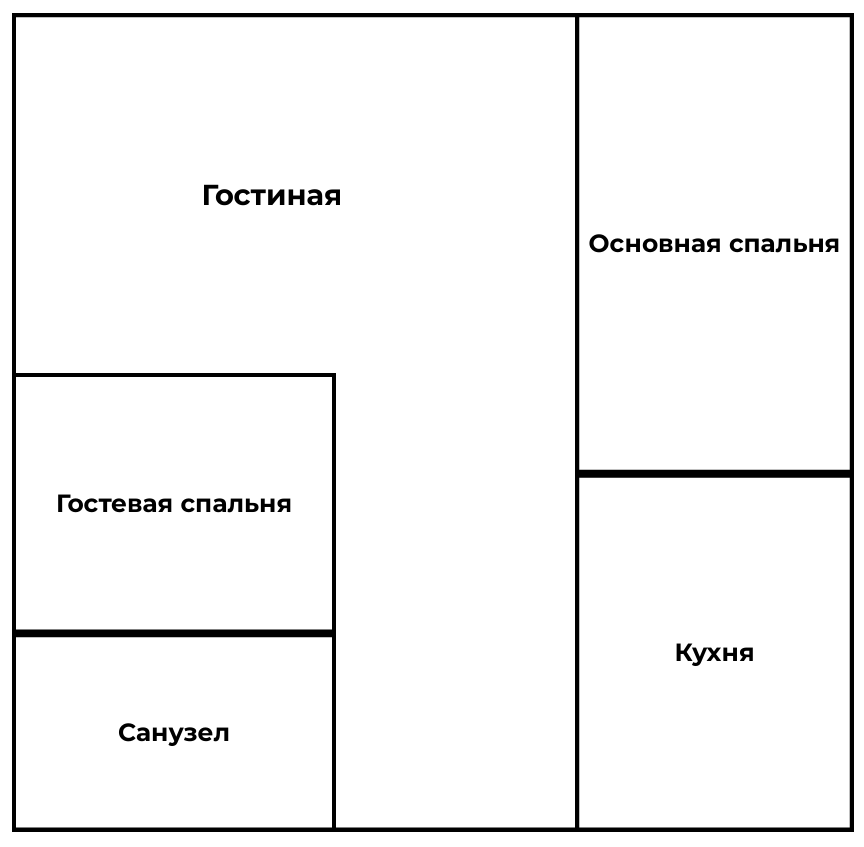 Тут у меня кухня, санузел, гостиная и две спальни.