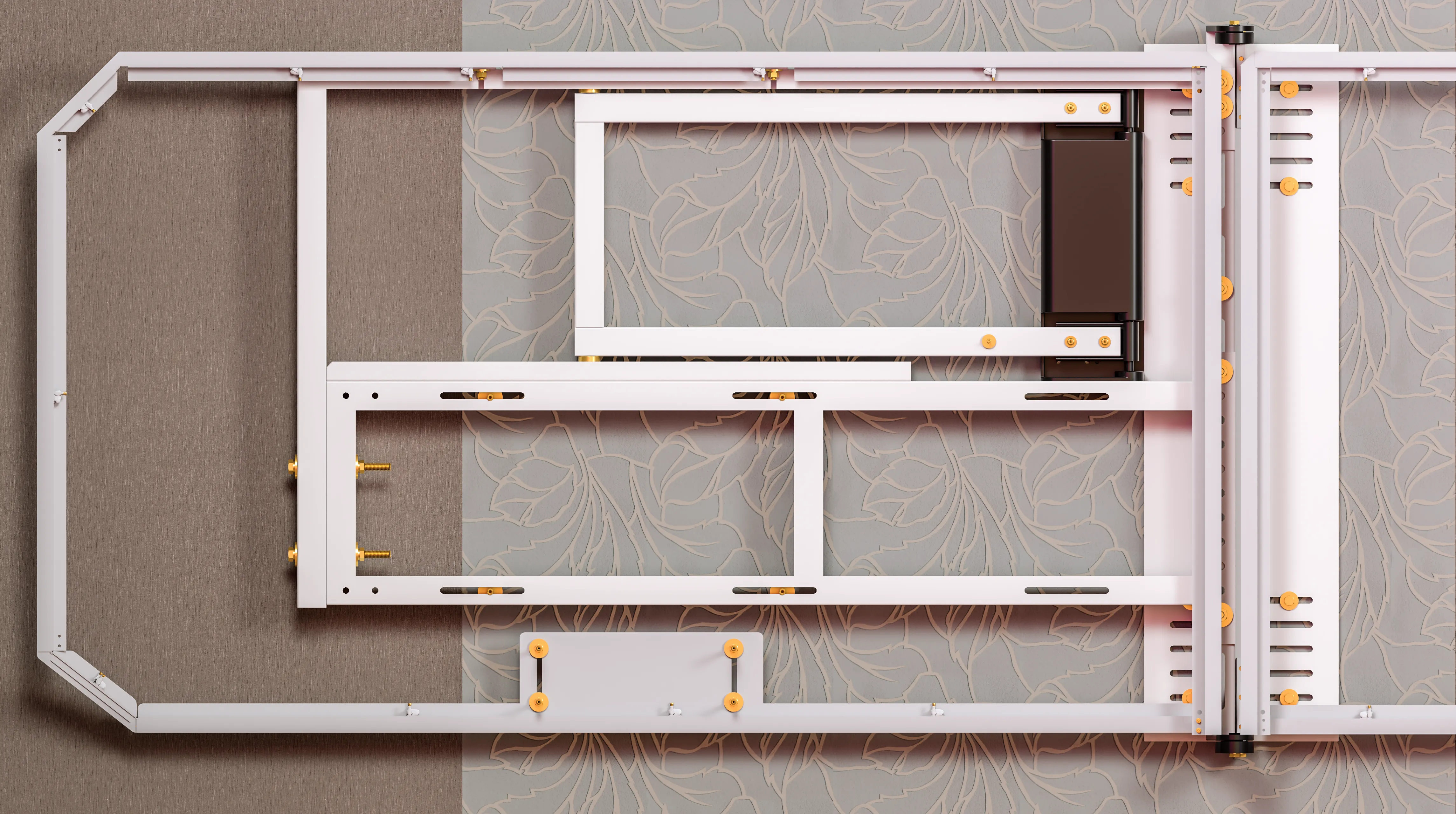 Рама левого телика на поворотном кронштейне, вид спереди, чёрный прямоугольник - это привод кронштейна