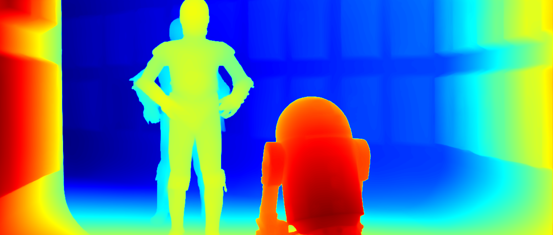 Цветная карта глубины, от темно-красного (ближе) до темно синего (дальше)