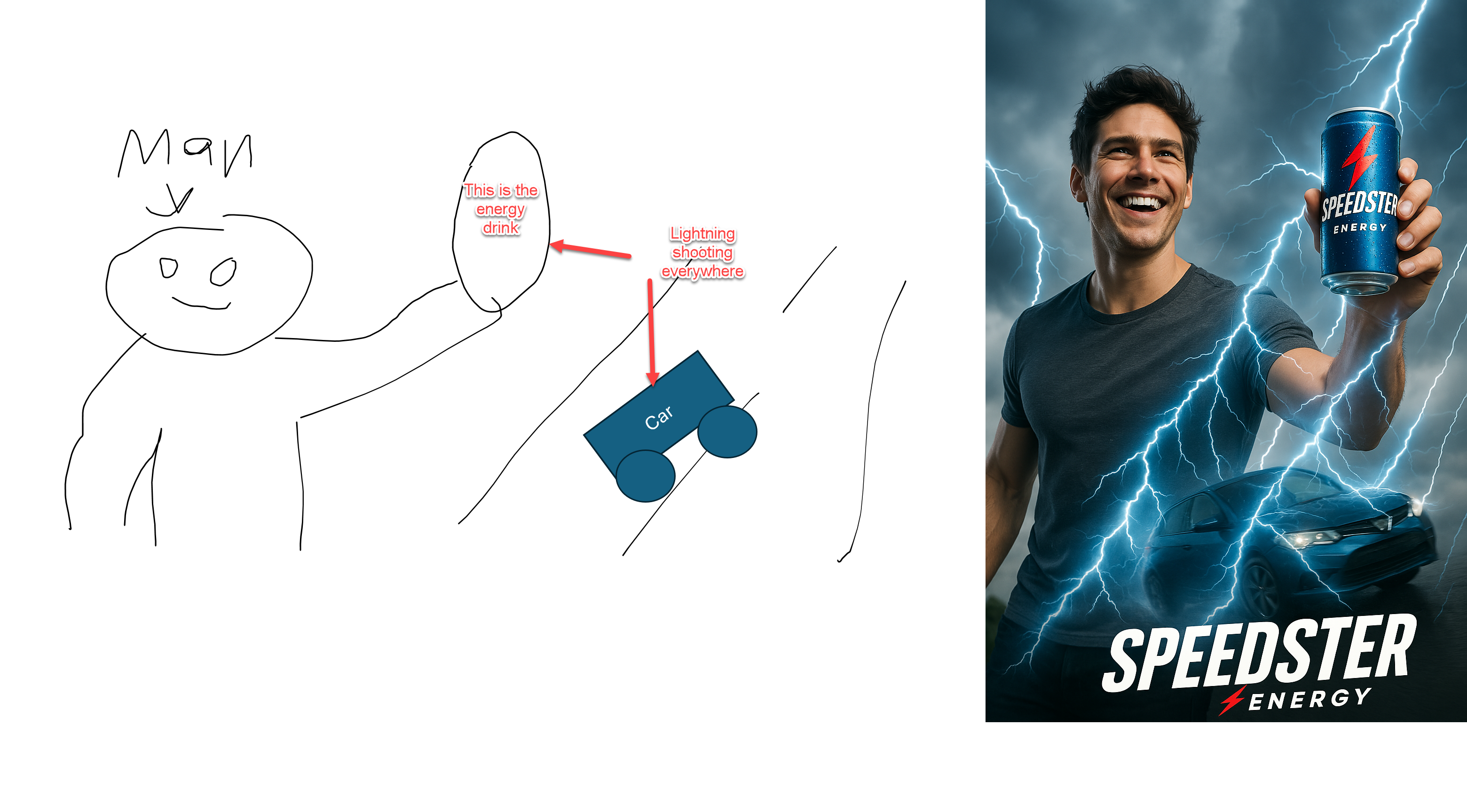 Преобразование рукописного наброска в рекламу энергетического напитка