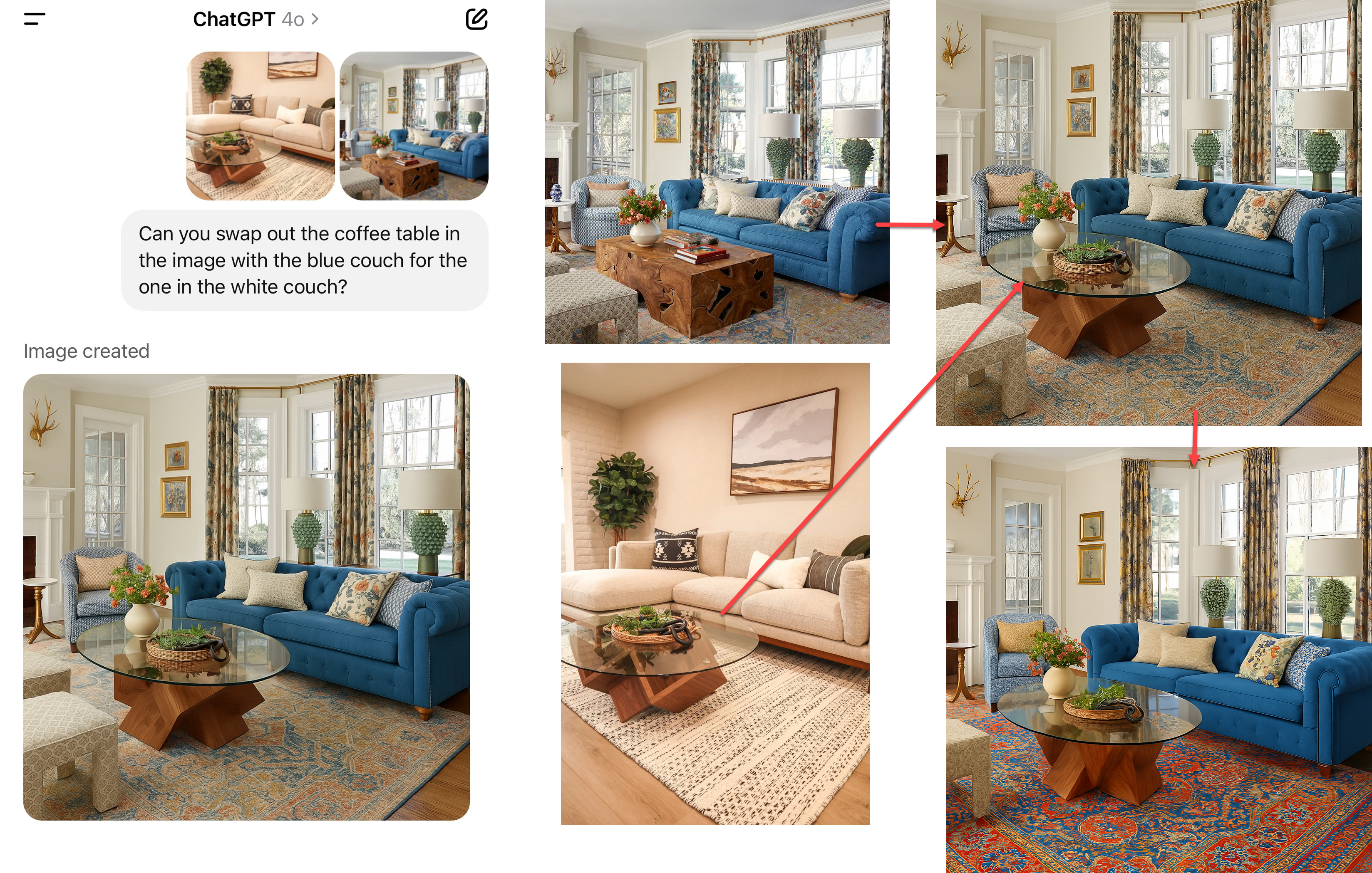 Замена мебели и улучшение ковра на фотографиях интерьера