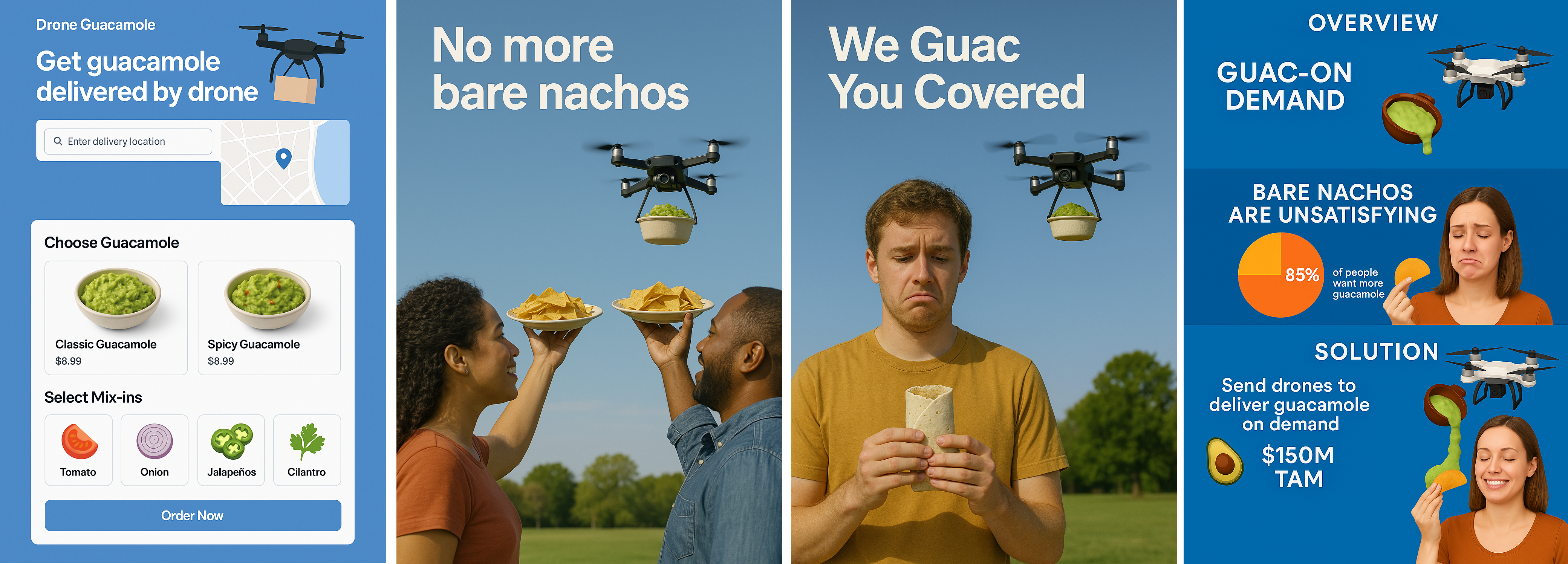 Концепция стартапа доставки гуакамоле дронами: макет сайта, реклама и презентация