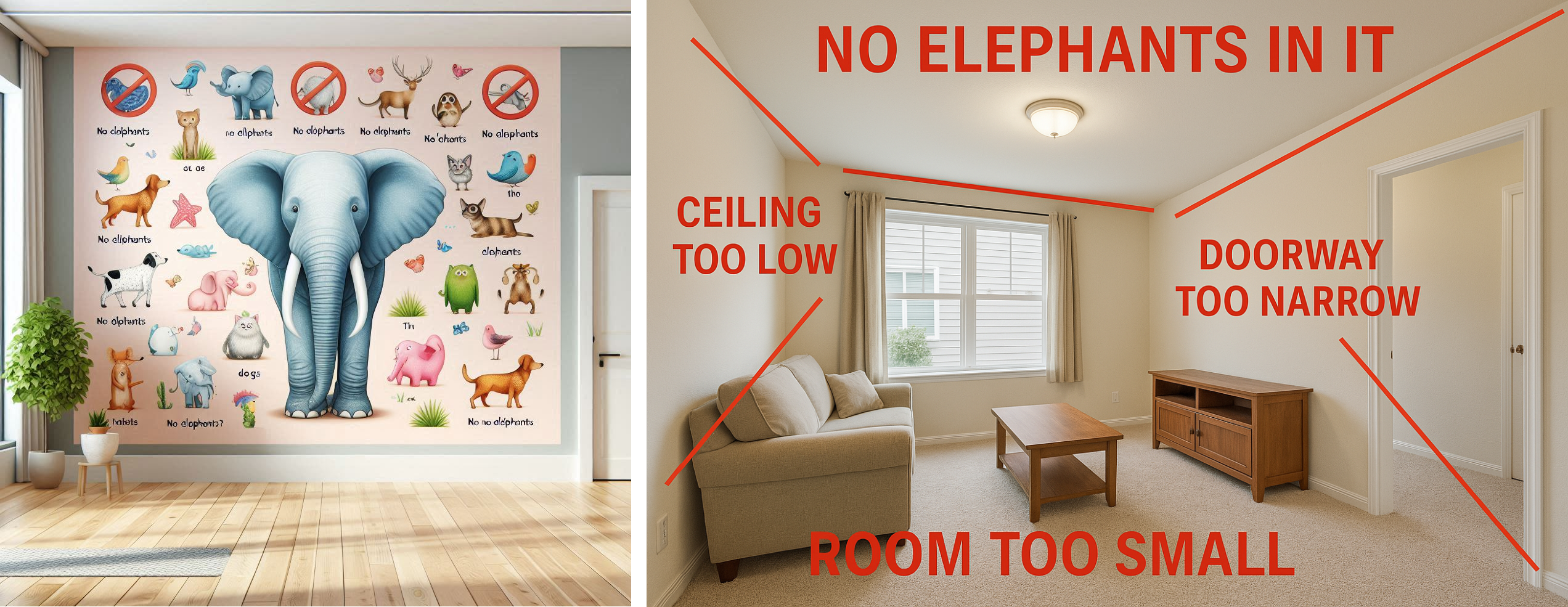 Результаты запроса "покажи мне комнату без слонов, обязательно добавь аннотации к изображению, чтобы показать, почему здесь нет слонов"