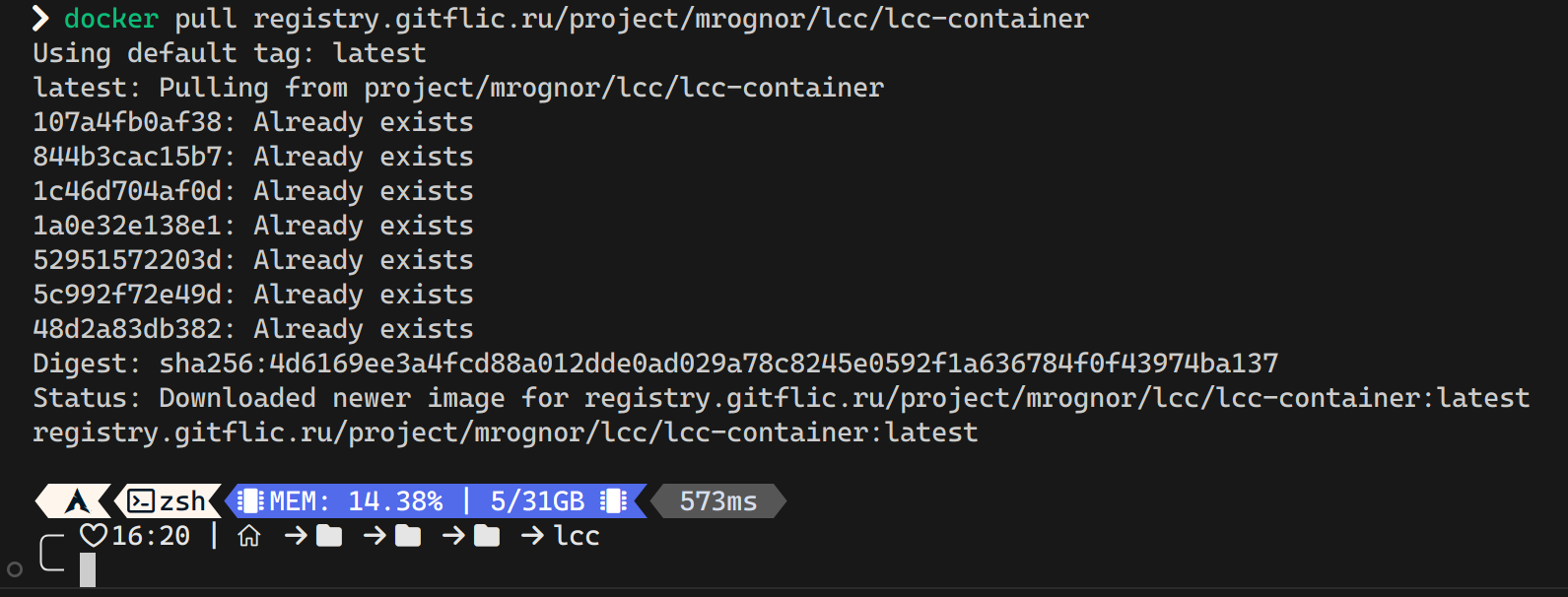 Установленный контейнер
