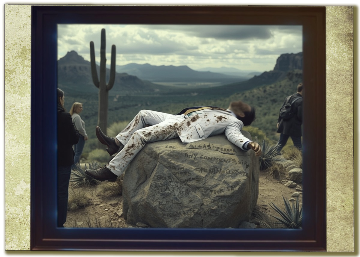 Сэм Топман (глава Опенды) у дороги на Сан-Диего. Через несколько месяцев тело кто-то похитил. 