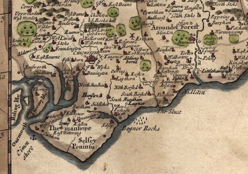 Карта Сассекса XVII века, на которой обозначена Кименсора (левый нижний угол).