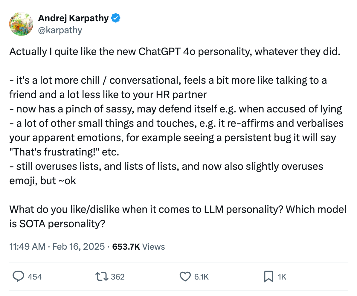 Ex-OpenAI/Tesla, Andrej Karpathy, описывающий новую личность GPT-4.5