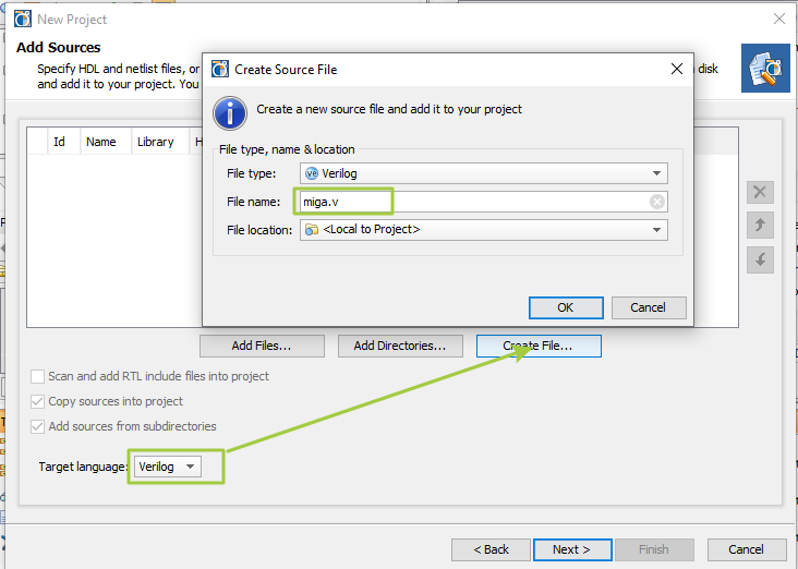 создадим новый файл Верилог , Next