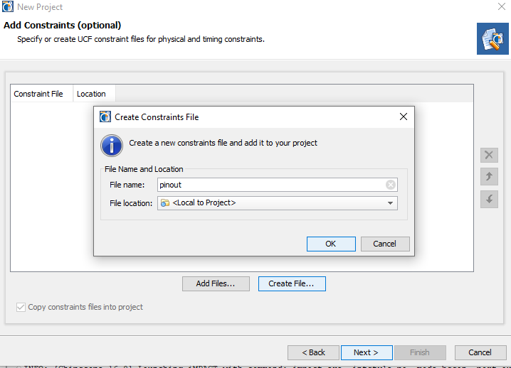 Создаём пустой файл констрейн - в нём будет распиновка