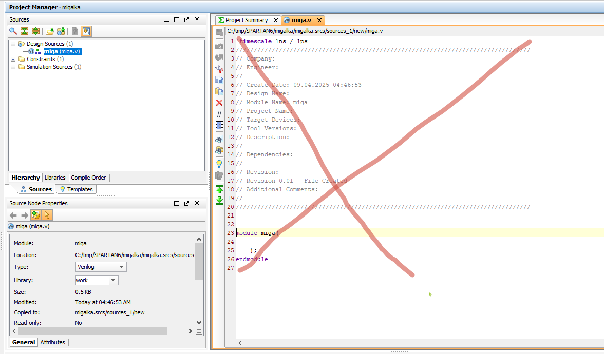 Редактируем верилог файл, сначала всё стираем