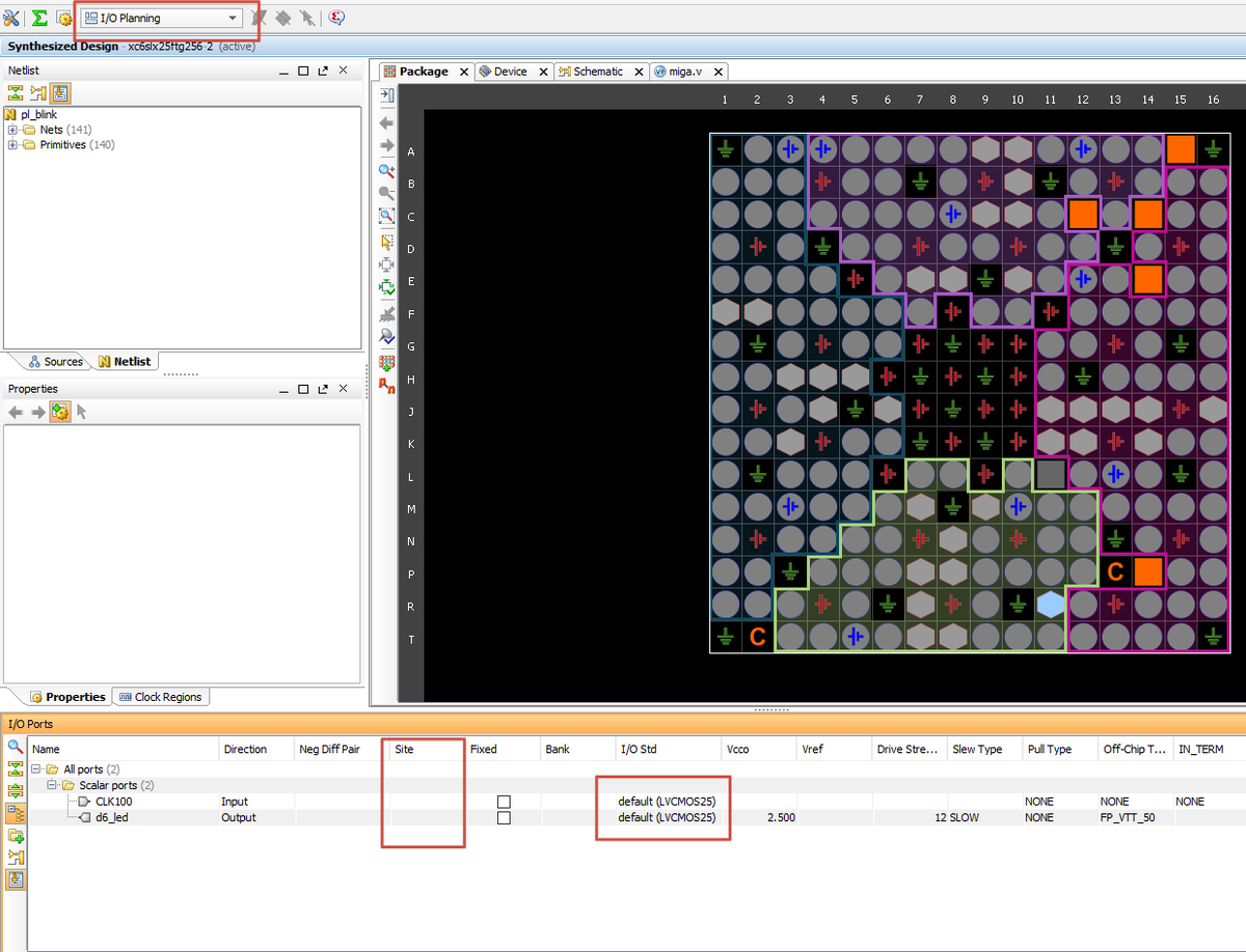 Переключимся в I/O Planning и приступим к распиновке, меняем 2.5 на 3.3 Вольт