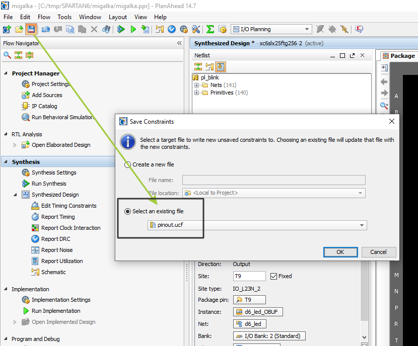 pinout.ucf - тот пустой файл, который создали в самом начале