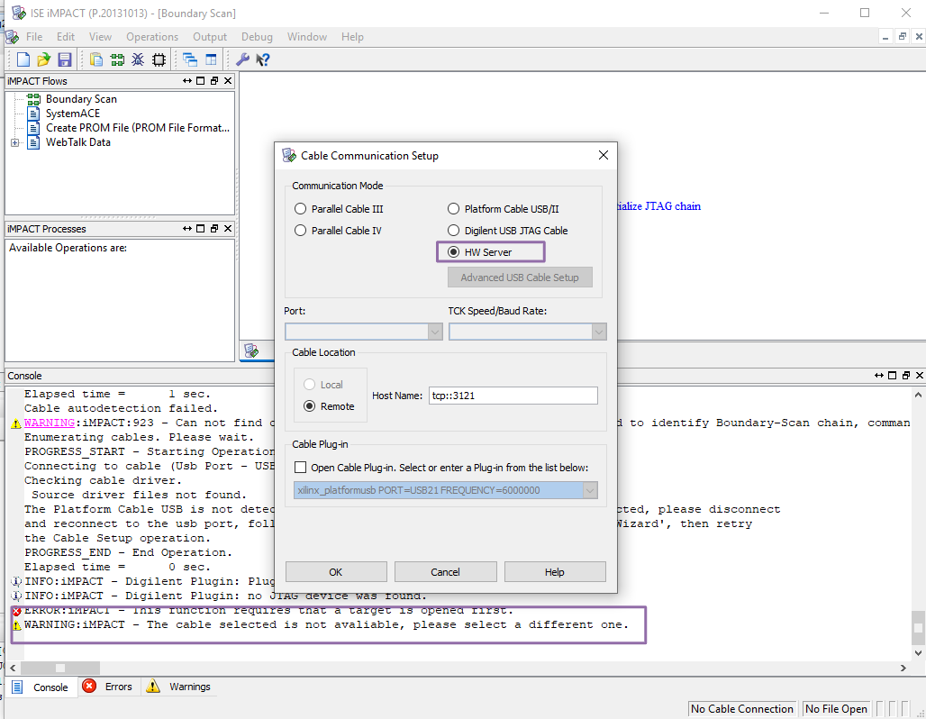 Мой программатор почему то недоступен Импакту, поэтому подключаюсь через предварительно запущеный hw_server