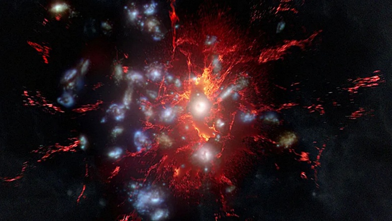 Скопление с 30 галактиками и загадочным холодным газом создаёт звёзды с невероятной скоростью: астрономы изучили звездообразование в SPT2349-56 на краю Вселенной