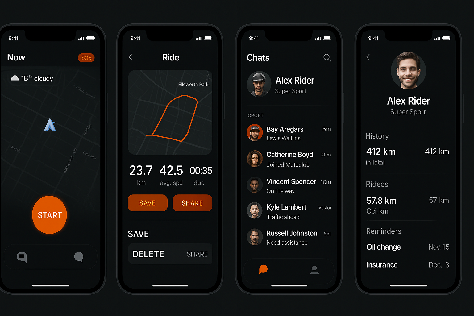 Макет от ChatGPT с минималистичным дизайном и фокусом на социальное взаимодействие между райдерами.  