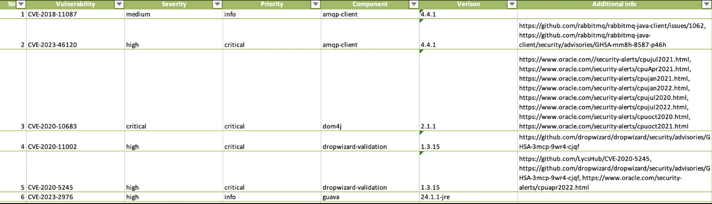 Подробная информация об уязвимостях в Excel отчёте