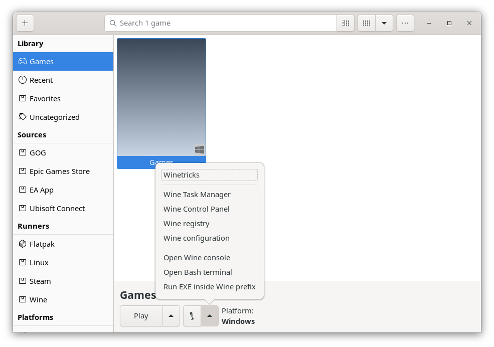 Контекстное быстрое меню wine