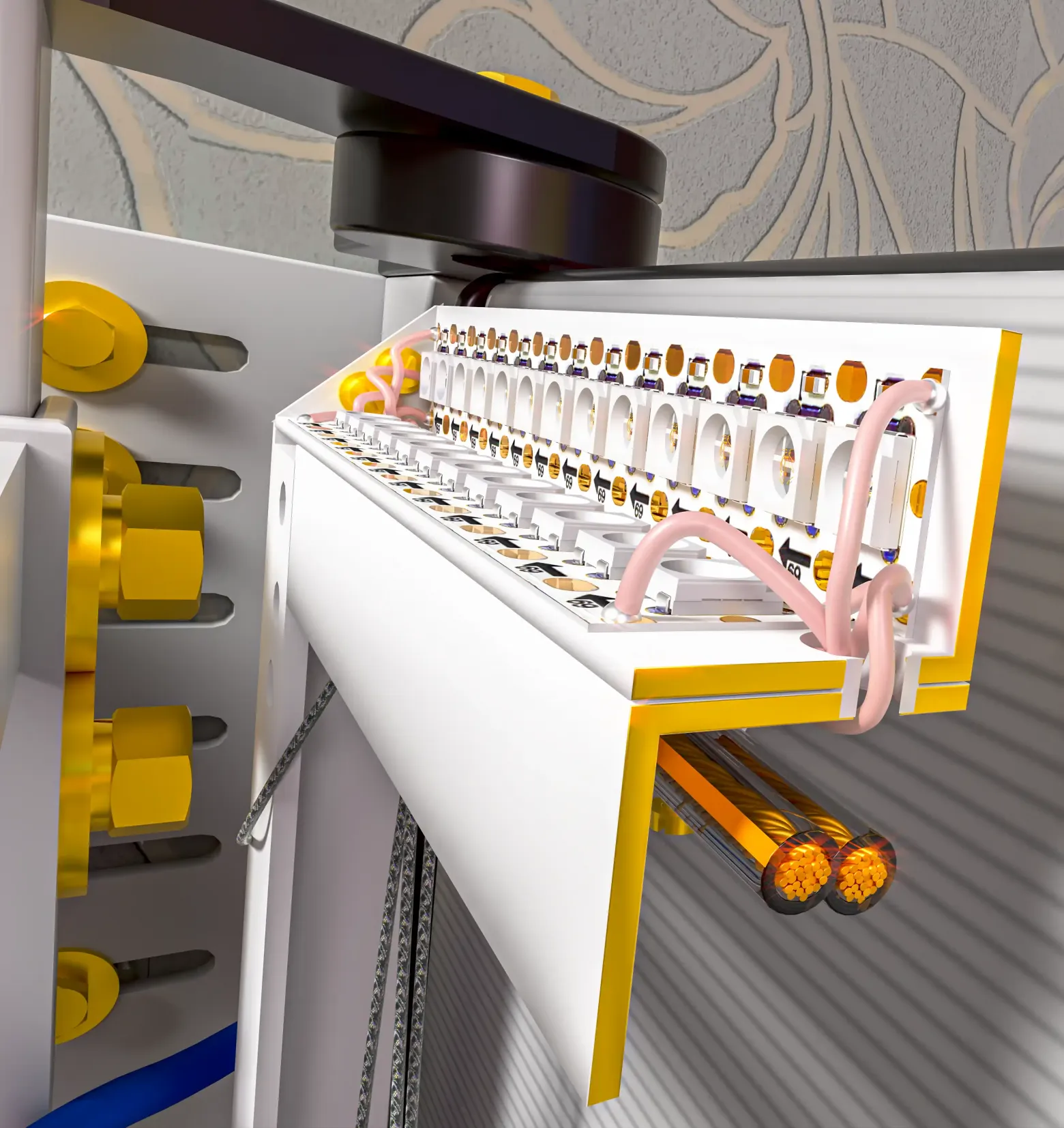 Провода прокладываются в специально предусмотренных кабель-каналах в рамах лент