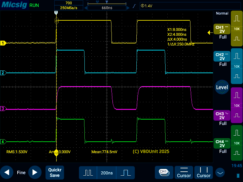 Что интересно, та же прошивка, залитая в другой STM32 той же модели, даёт немного другие интервалы. Видимо поэтому все про таймеры говорят. Тем не менее, с этим экземпляром ленты тоже работают