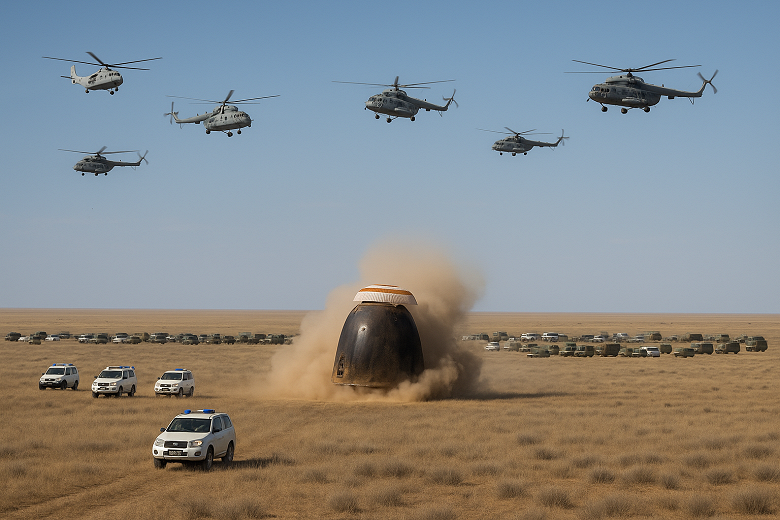 Встречать &laquo;Союз&raquo; приготовились масштабно: три самолета, восемь вертолётов, шесть поисково-эвакуационных машин и 15 единиц наземной техники