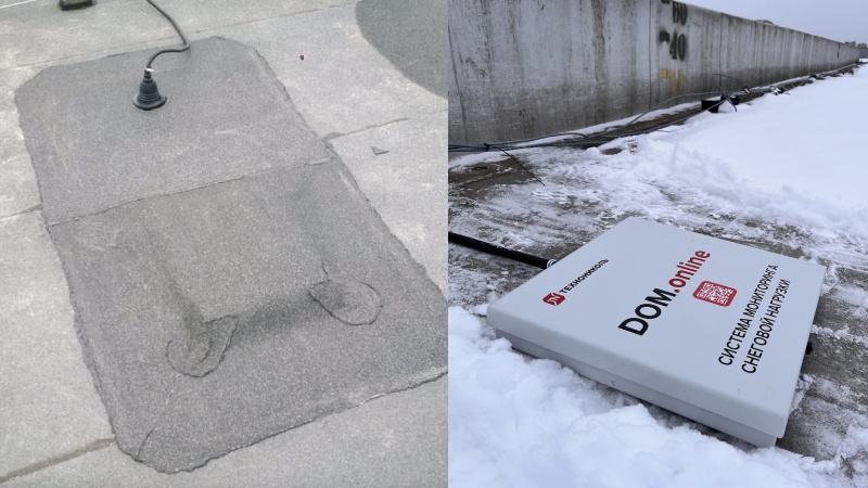 Датчик установили под скатным участком крыши, с которого регулярно съезжает снег. Тест показал, что устанавливать под мембрану нельзя. При изменении температуры мембрана сжимается и давит на датчик. Даже без снега показания "гуляли" до 20 кг/м².