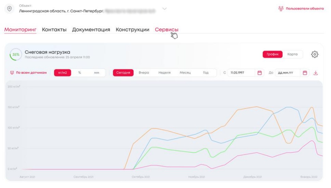 В результате создали бесплатный кабинет с простым интерфейсом, где можно хранить документы по объекту и мониторить снеговую нагрузку в реальном времени.  Когда нагрузка достигает критического значения, система отправляет SMS или email ответственному лицу.