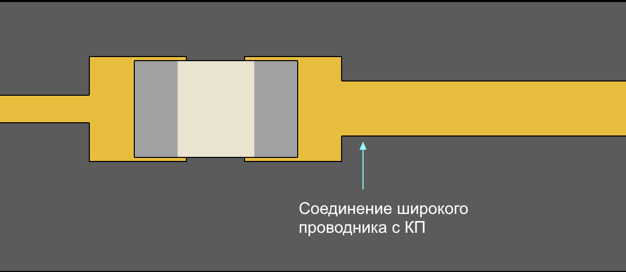 Пример подключения широкого проводника к контактной площадке только с одной стороны.